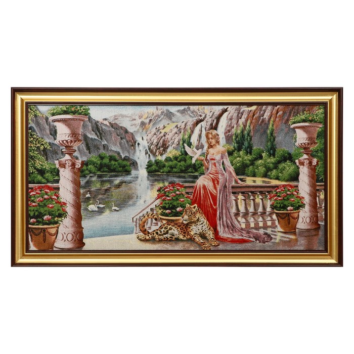 M085-40х80 Картина из гобелена "Девушка и леопард на балконе" (48х87)см