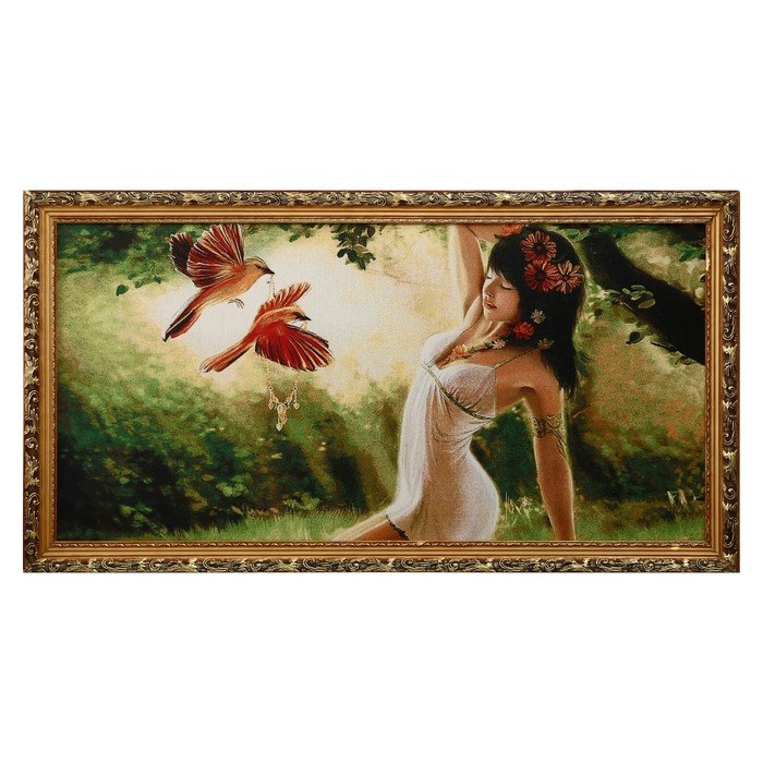 E074-50х100 Картина из гобелена "Девушка утром и птички" (57х107)