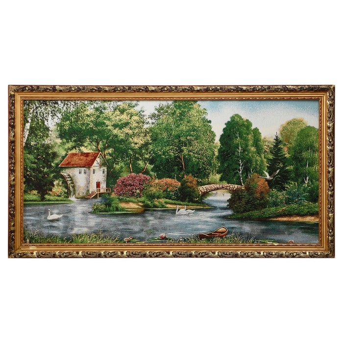M057-50х100 Картина из гобелена "Домик у озера с каменным мостом" (57х107)