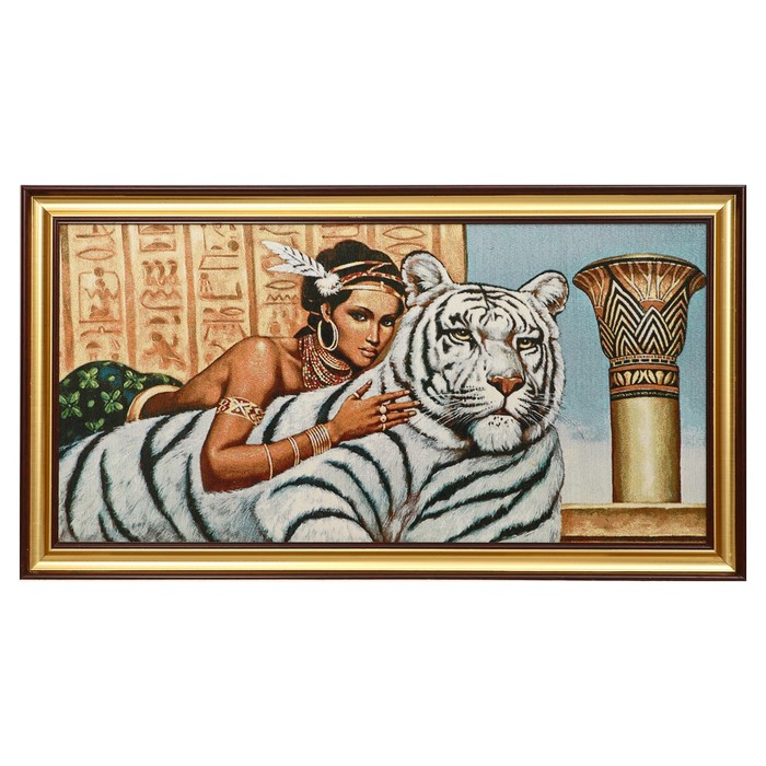 E020-40х80 Картина из гобелена "Девушка и белый тигр" (48х87)