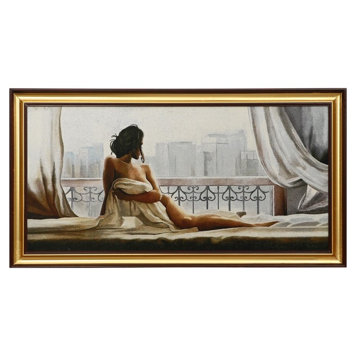 E075-40х80 Картина из гобелена "Девушка на фоне города" (48х87)