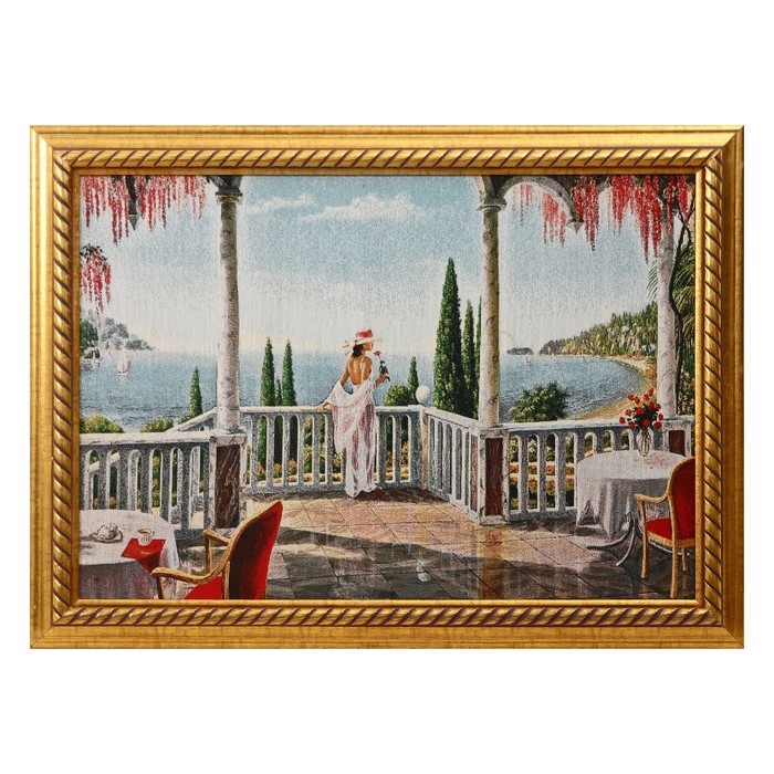 M163-40х57 Картина из гобелена Девушка на балконе 47х65