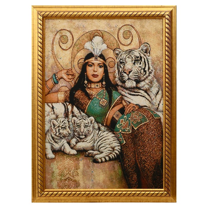 R200-40х57 Картина из гобелена Восточная красавица и белые тигры 47х65