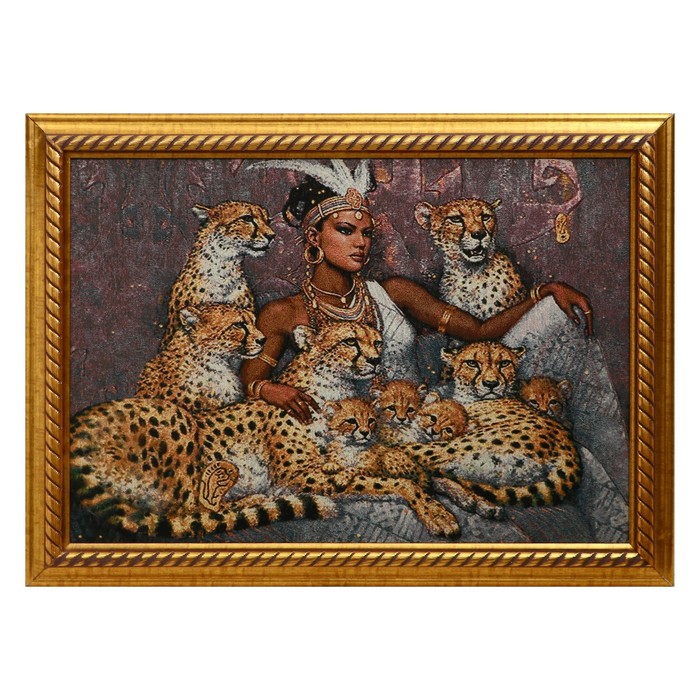 R203-40х57 Картина из гобелена Семейство леопардов и негритянка 47х65