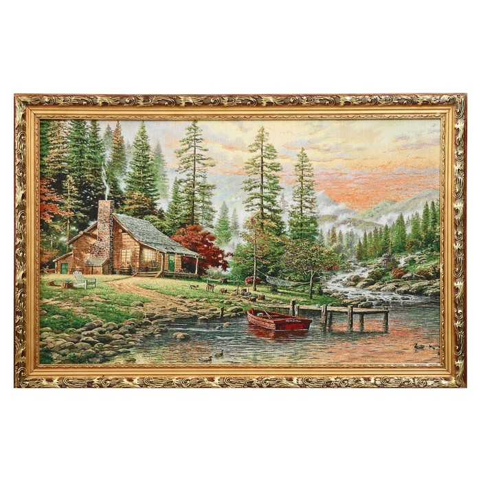 F273-50х80 Картина из гобелена "Лодка у домика в горах"(57х87)