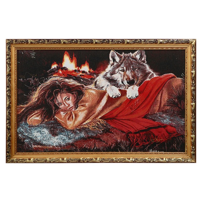R082-50х80 Картина из гобелена "Девушка и волк у костра" (57х87)