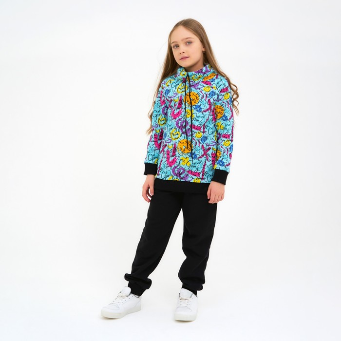 фото Костюм для девочки (толстовка, брюки) цвет бирюзовый/надписи, рост 104 см юниор текстиль