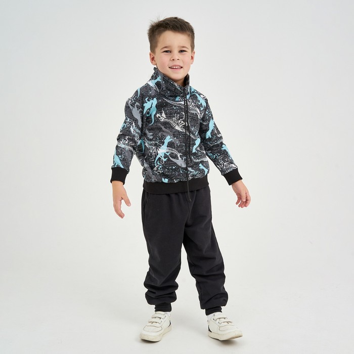 фото Костюм для мальчика (толстовка, брюки), цвет серый/динозавр, рост 104 см юниор текстиль