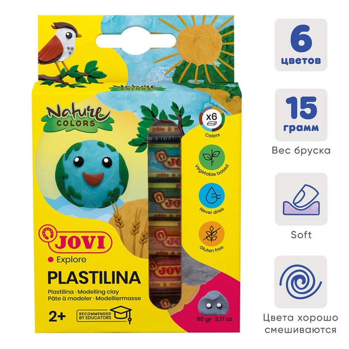 Пластилин на растительной основе, 6 цветов, 90 г, JOVI Nature, картон, европодвес, для малышей