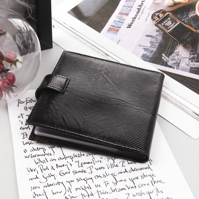 Визитница на кнопке, 2 ряда, 24 листа, игуана, цвет чёрный