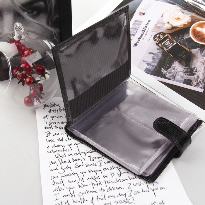 Визитница на кнопке, 2 ряда, 24 листа, игуана, цвет чёрный