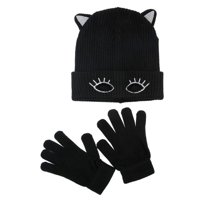 Комплект вязаный для девочки: шапка и перчатки, размер 50, цвет черный