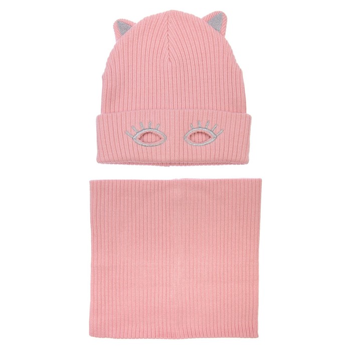 Комплект вязаный для девочки: шапка и снуд, размер 52, цвет светло-розовый