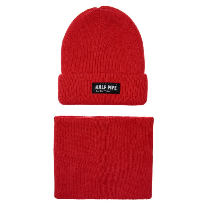 Комплект вязаный для мальчика: шапка и снуд, размер 52, цвет красный