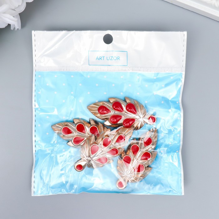 Брадс для творчества пластик "Листочек с красными каплями" 3х5,5 см