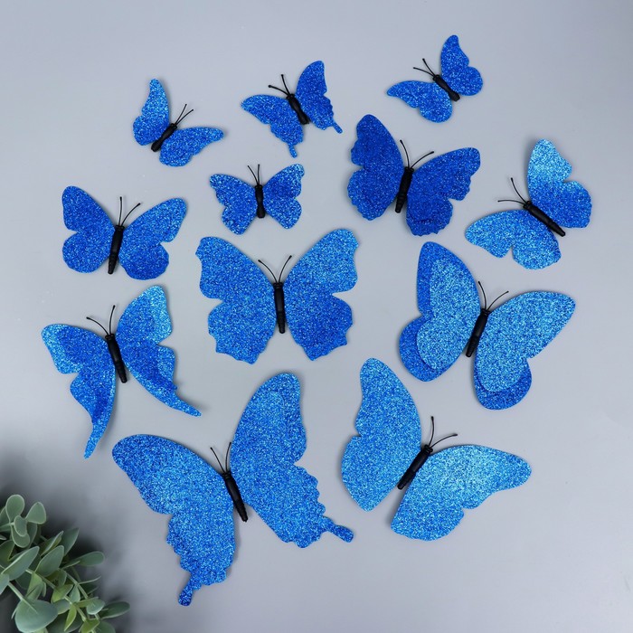 Магнит пластик Бабочки двойные крылья - блеск синий набор 12 шт магнит пластик бабочки двойные крылья фосфорные набор 12 шт
