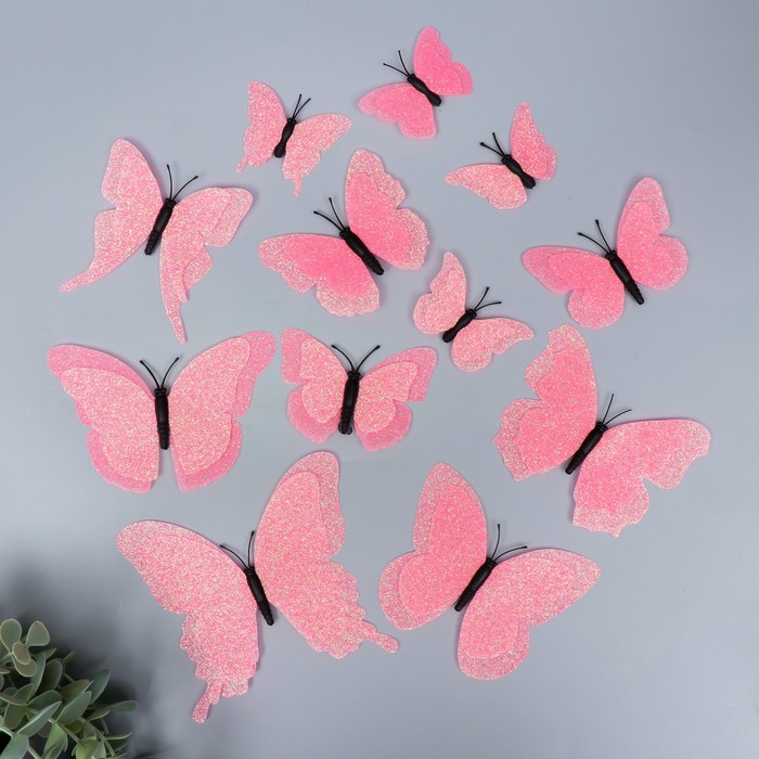 Магнит пластик Бабочки двойные крылья - блеск розовый набор 12 шт магнит пластик бабочки двойные крылья фосфорные набор 12 шт