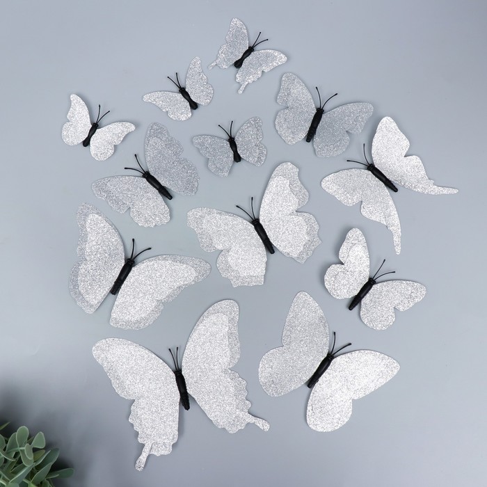 Магнит пластик "Бабочки двойные крылья - блеск" серебро набор 12 шт