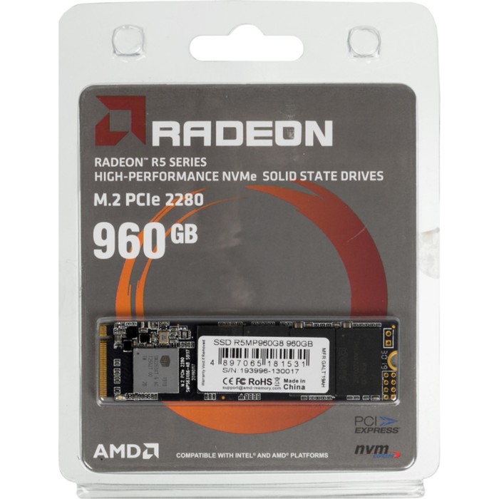 Накопитель SSD AMD R5MP960G8 Radeon M.2 2280, 960 Гб, PCI-E x4 ssd накопитель amd radeon 960gb m 2 2280 pci e r5mp960g8