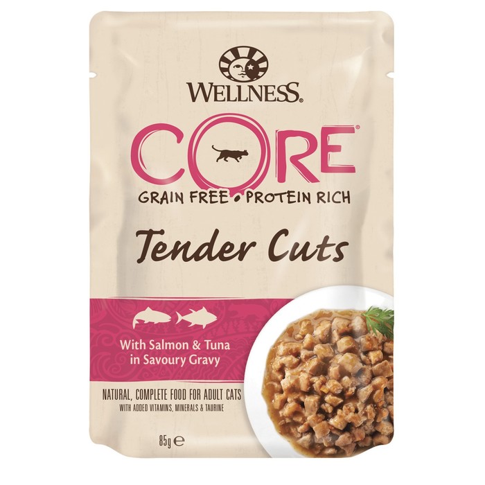 Влажный корм CORE TENDER CUTS для кошек, лосось/тунец, нарезка в соусе, пауч, 85 г