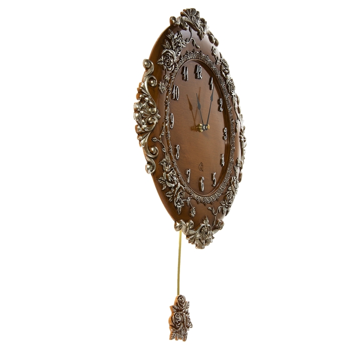 Часы настенные интерьерные "Лепнина. Розы" с маятником, d=37 см, коричневые