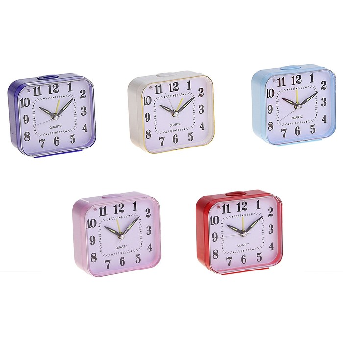 Будильник прямоуг. с круг углами, кант, бел циферблат, подсветка,стрелки микс 9*9,5см