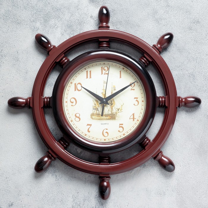 Часы настенные, серия: Море, "Штурвал", плавный ход, d=35 см, коричневая патина