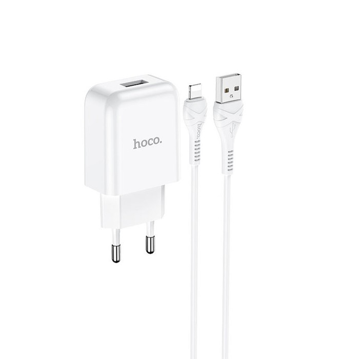 фото Сетевое зарядное устройство hoco n2, 1хusb, 2 а, кабель lightning, 1 м, белое