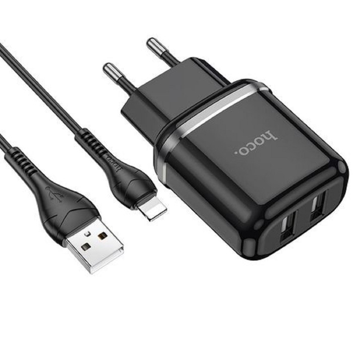 фото Сетевое зарядное устройство hoco n4, 2хusb, 2.4 а, кабель lightning, 1 м, черное