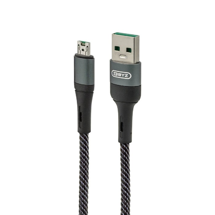 Кабель BYZ BC-031m, USB - microUSB, 6 А, 65 Вт, 1.2 м, черно-серый