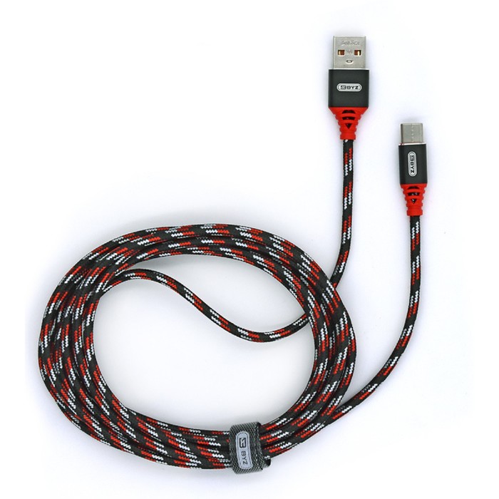 Кабель BYZ BC-090t, USB - Type-C, 2.1 А, 3 м, тканевая оплетка, черно-красный