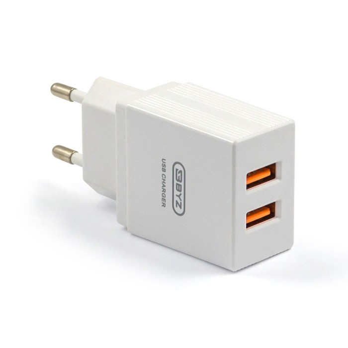 фото Сетевое зарядное устройство byz u20 eu, 2хusb, 2.4 а, кабель lightning, 1 м, белое