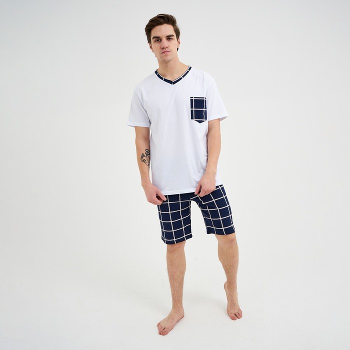 фото Комплект домашний мужской (футболка, шорты), цвет белый/тёмно-синяя клетка, размер 52 руся