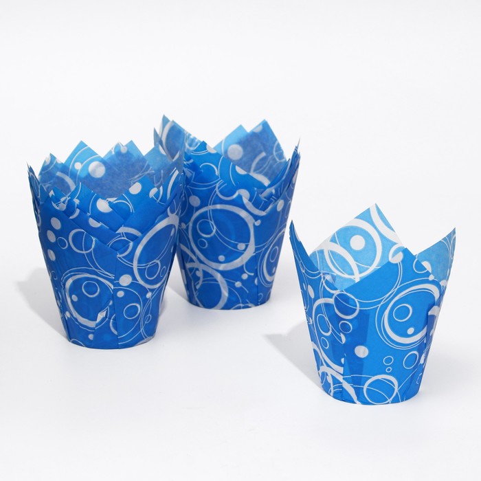 Форма бумажная Тюльпан, синий с белыми кольцами, 5 х 8 см