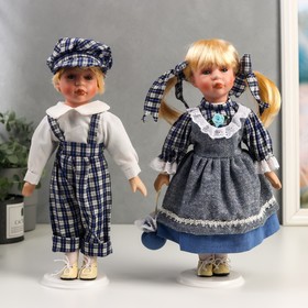 Кукла коллекционная парочка набор 2 шт 'Аня и Андрей в нарядах в сине-белую клетку' 30 см Ош