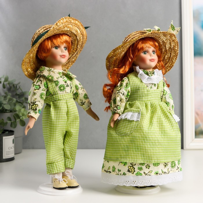 Кукла коллекционная парочка набор 2 шт "Таня и Ваня в ярко-зелёных нарядах в клетку" 30 см