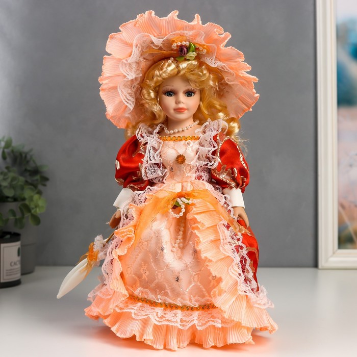 Кукла коллекционная керамика Леди Анастасия в красно-оранжевом платье 30 см