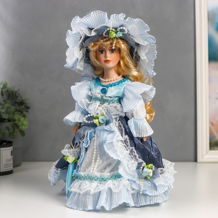 Кукла коллекционная керамика Леди Анна в сине-голубом платье 30 см