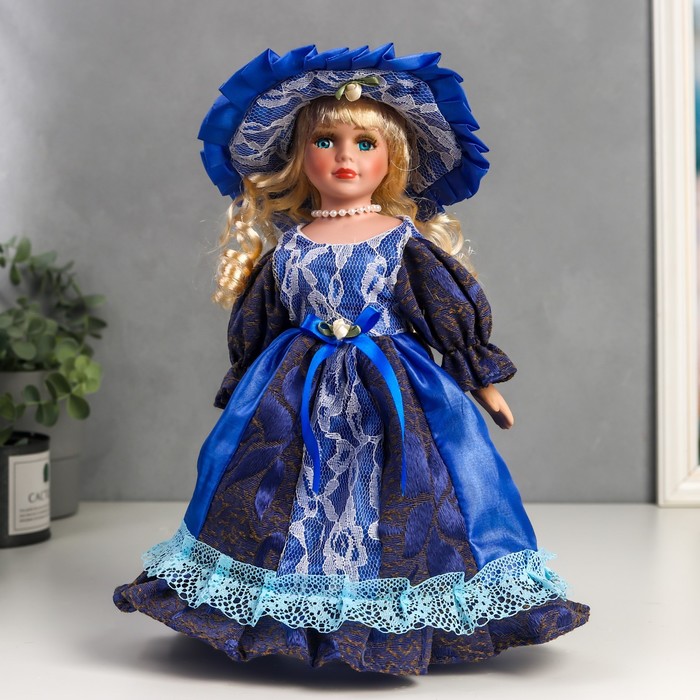 Кукла коллекционная керамика Леди Есения в ярко-синем платье 30 см