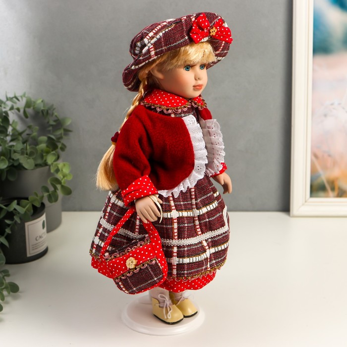 Кукла коллекционная керамика "Инга в красном, платье в горох и клетку"" 40 см