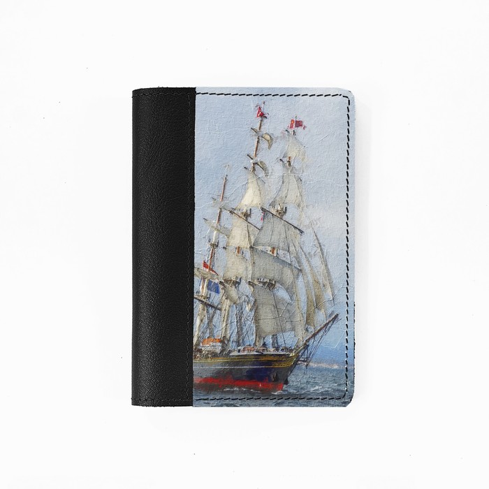 фото Обложка на паспорт комбинированная "корабль масло", черная белая вставка 9,5х13,3х0,3см russian handmade