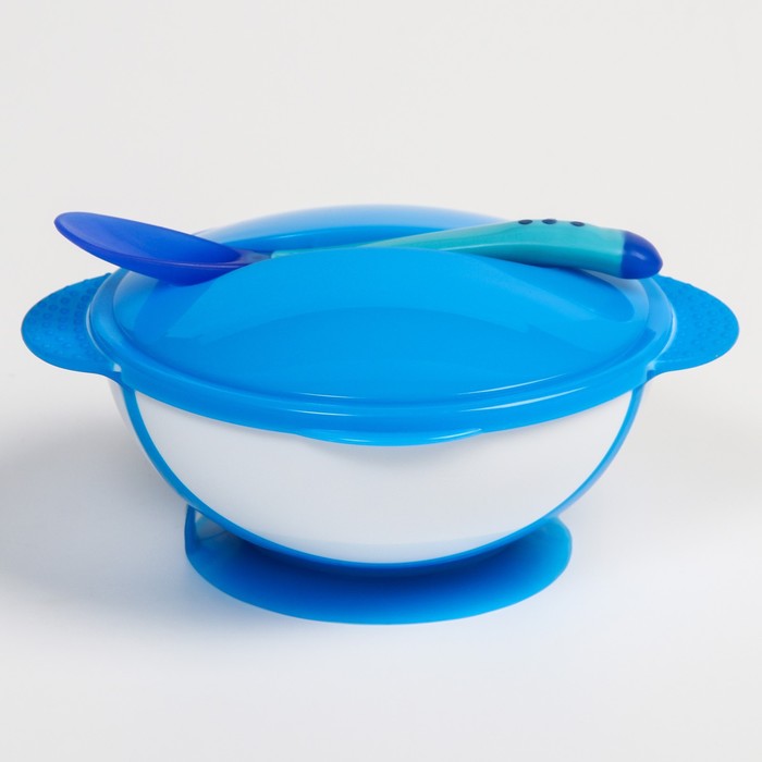 Набор для кормления: миска на присоске 340 мл., с крышкой, термоложка, цвет синий цена и фото