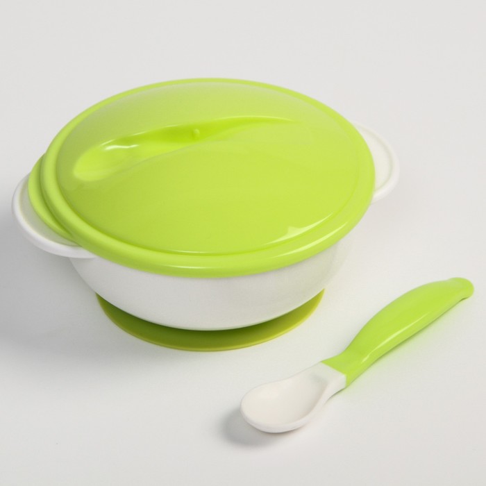 Набор для кормления: миска на присоске с крышкой, ложка, цвет белый/зеленый