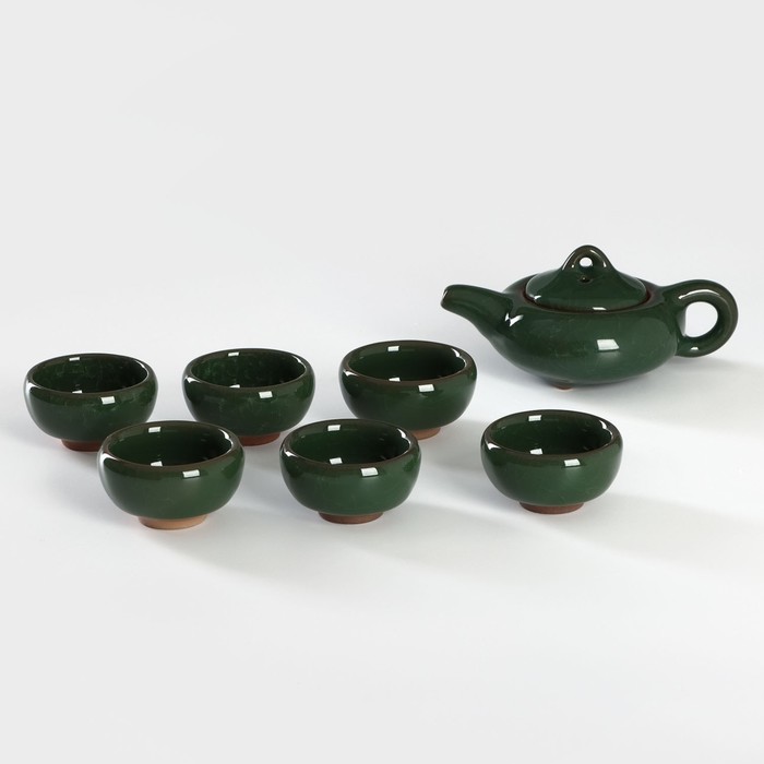 Набор для чайной церемонии керамический «Лунный камень», 7 предметов: чайник 150 мл, чашки 50 мл, цвет зелёный