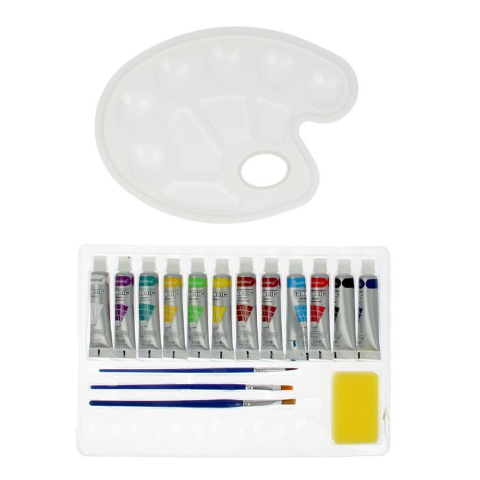 Набор красок по ткани: 12 тюбиков по 12 мл, 4 кисточки, палетка 12 цветов