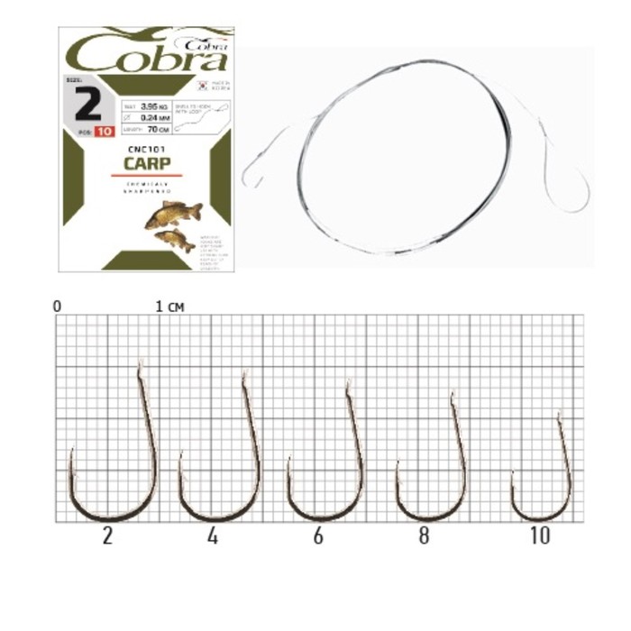 фото Крючки с поводком cobra carp 70cm, 0,14mm, разм.10, 10шт.