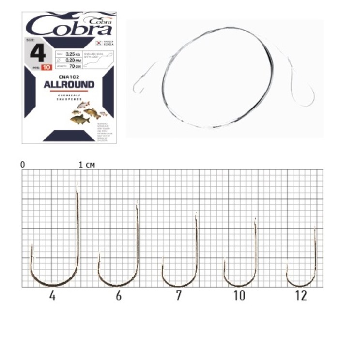 фото Крючки с поводком cobra allround 70cm, 0,14mm, разм.10, 10шт.