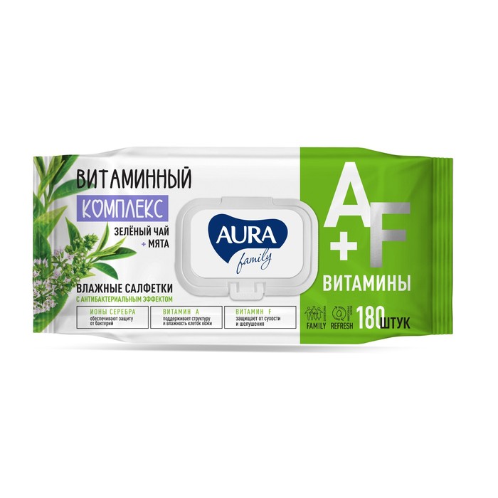 Влажные салфетки Aura family с антибактериальным эффектом big-pack 180шт