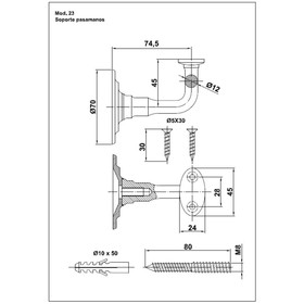 

Опоры для перил, 74.5 × 70 × 70 мм, латунь хромированная матовая