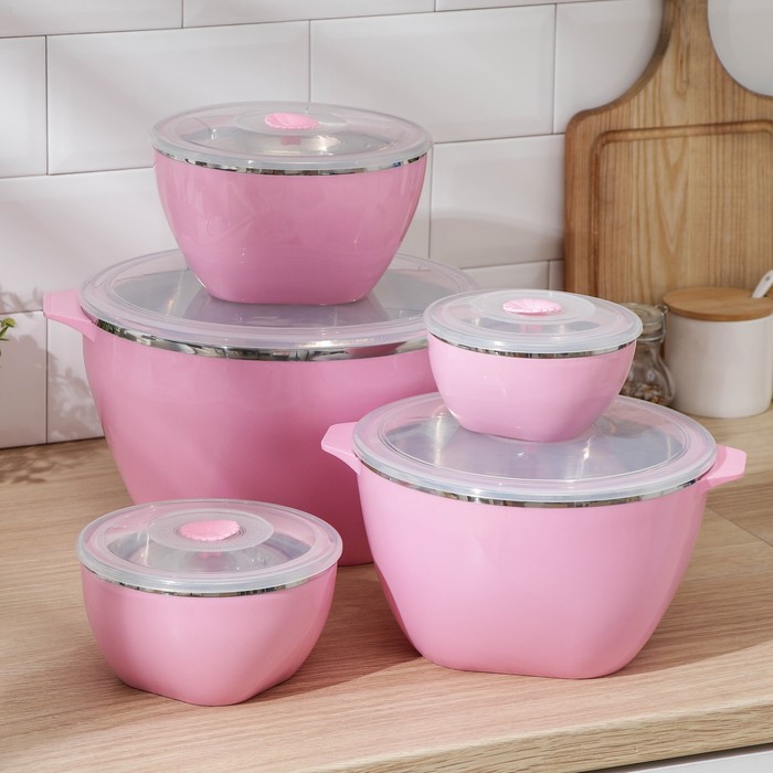 

Набор салатников с крышками, 5 шт, d=13×7 см, 15,5×8,5 см, 18,5×10 см, 22×13 см, 27×16,5 см, цвет МИКС